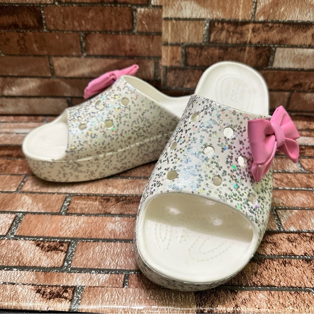 Women’s Glitter Slide Sandals with Pink Bow size 11